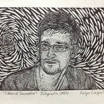 Felipe Crespo 2013- Recorded with the woodcut technique over former employee of the CIA, Edward Snowden.